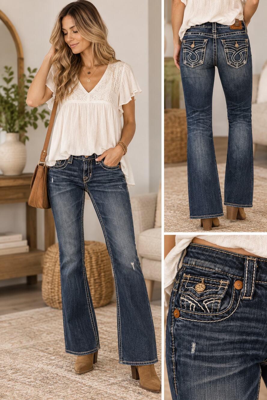 Big Star Liv Low Rise Bootcut Jeans Womens 27S Short Western Thick Stitch Blue